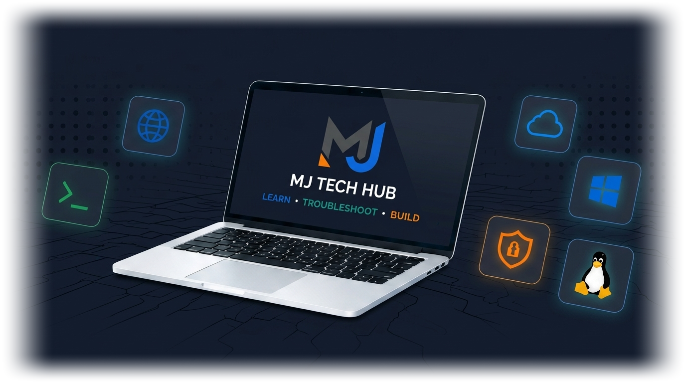 MJ Tech Hub IT learning platform on laptop surrounded by technology icons