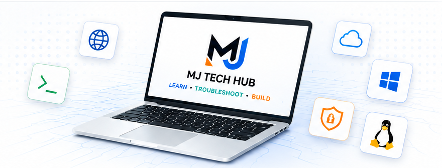 MJ Tech Hub IT learning platform on laptop surrounded by technology icons